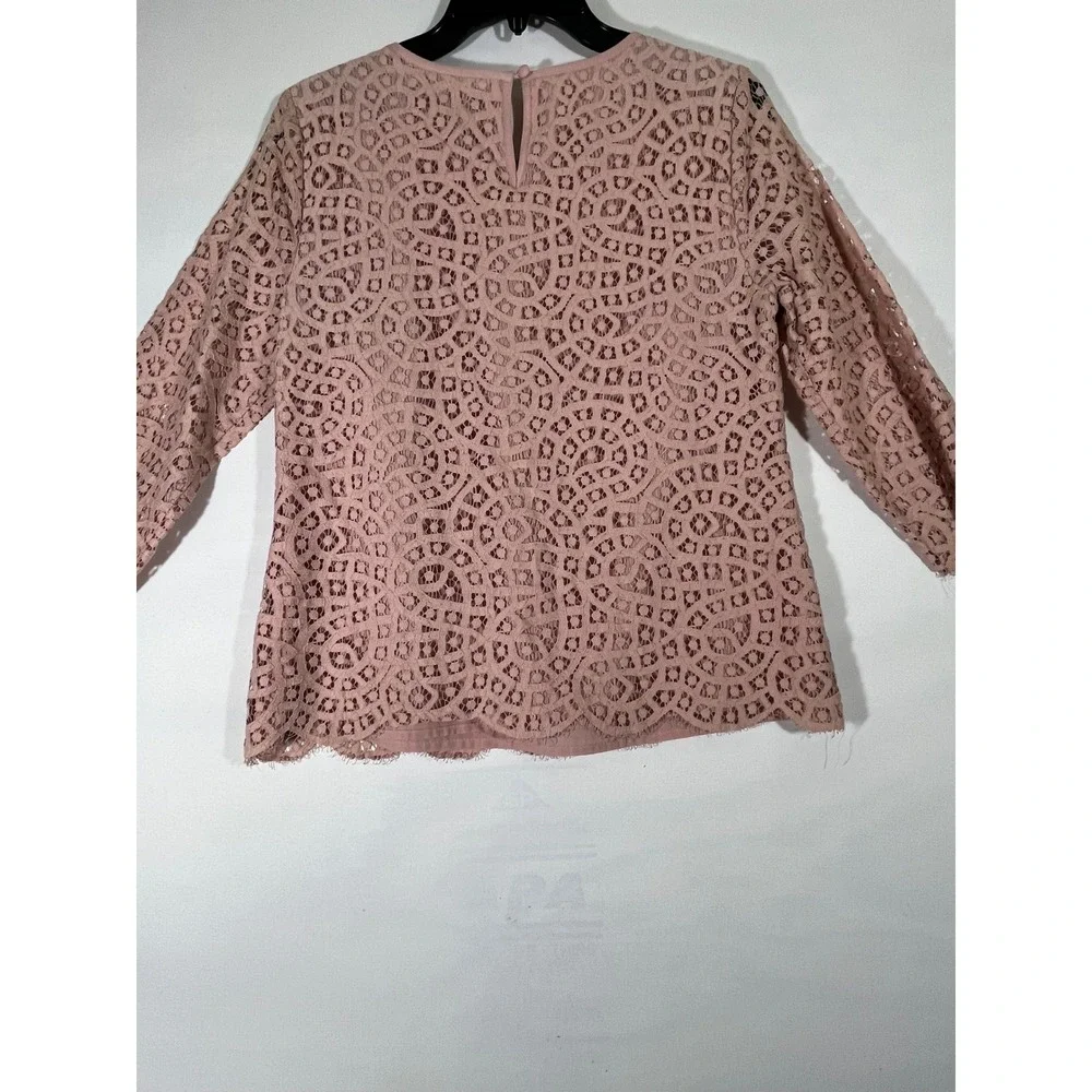 J Crew Women Lace Top 3/4 Sleeve Button Back Sheer Lined Boho Feminine Pink Sz 6